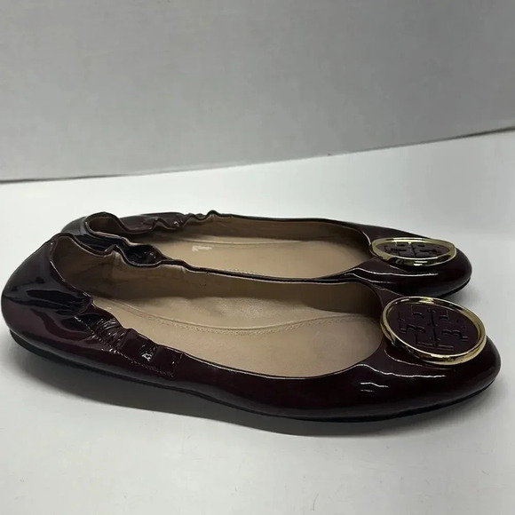 Tory Burch Twiggie Ballet Flats Slip On Patent Leather Shoes Merlot Red Gold 9 - Picture 4 of 11